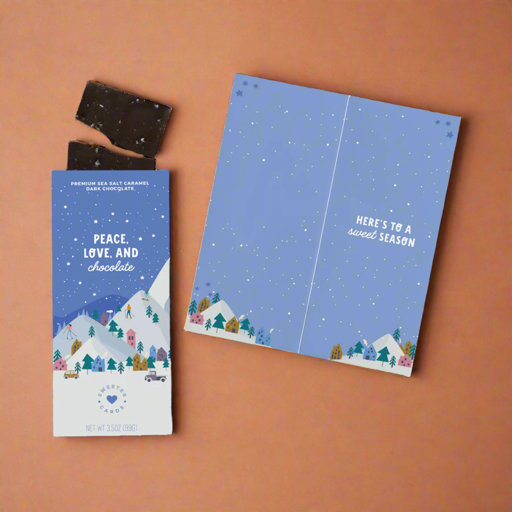 Peace, Love and Chocolate | Holiday Greeting Card + Chocolate Bar INSIDE