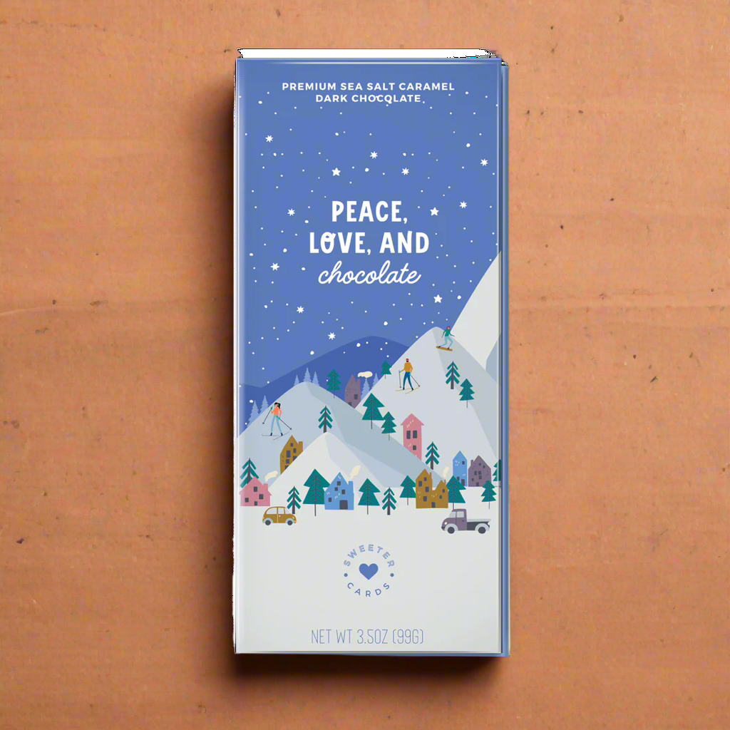 Peace, Love and Chocolate | Holiday Greeting Card + Chocolate Bar INSIDE